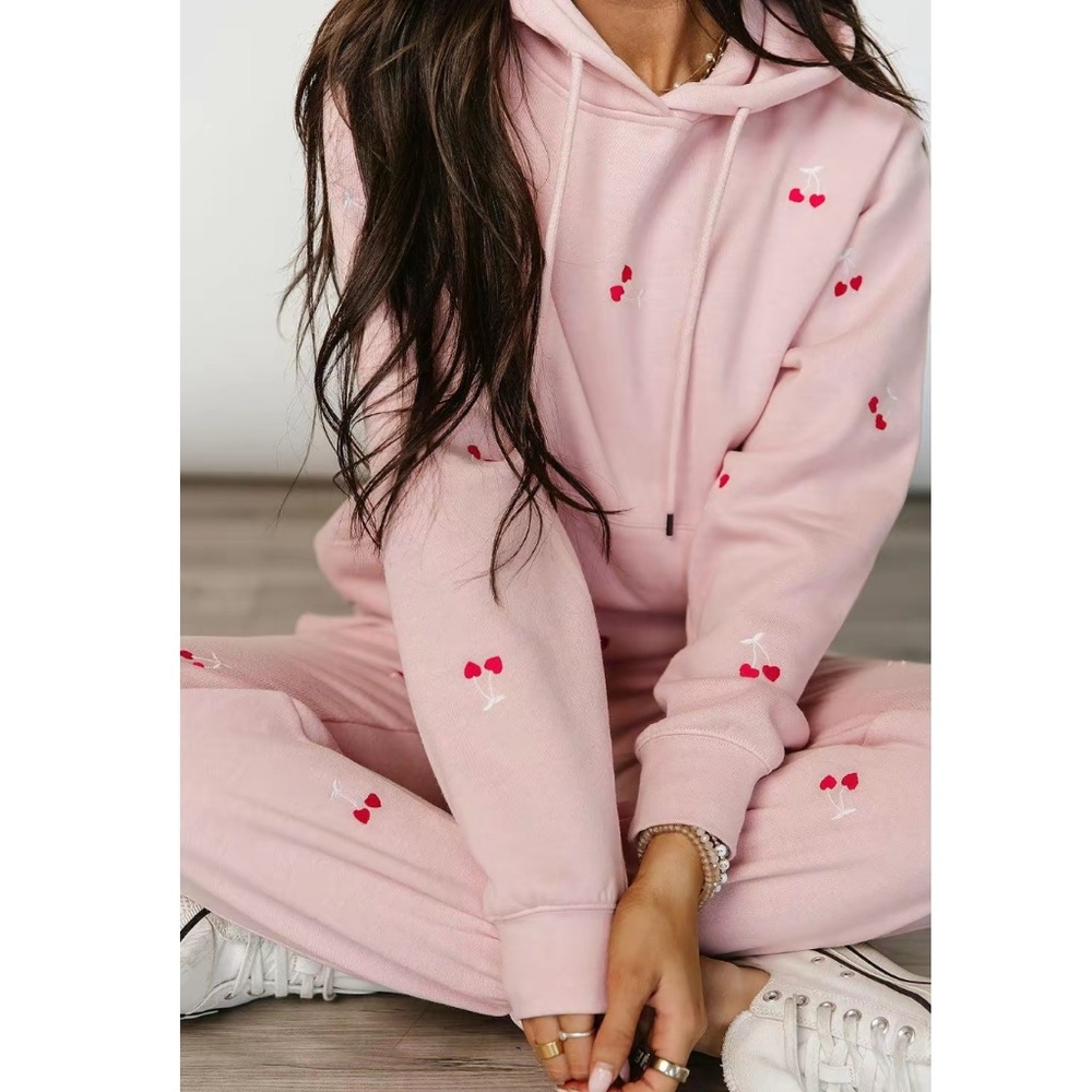 Cherry Embroidered Pink Hoodie Set